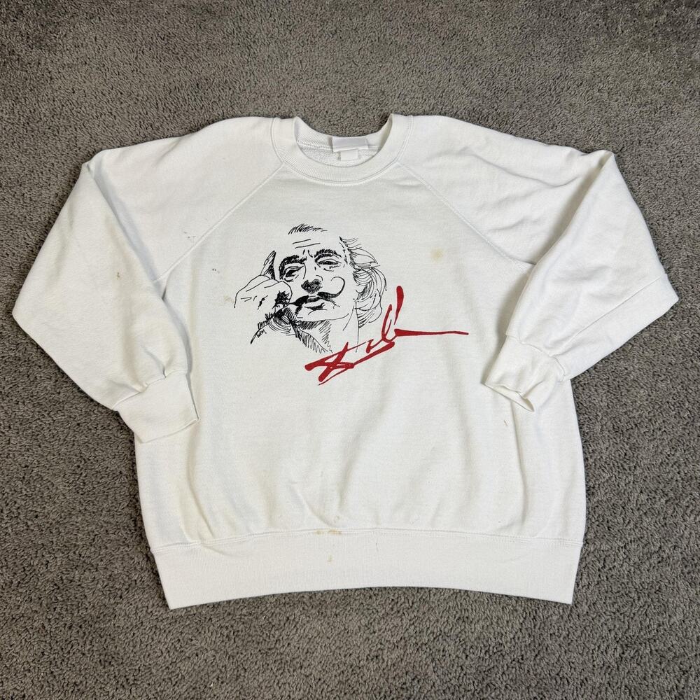 Vintage 80s Salvador Dali Sweatshirt Mens XL White Signature Pullover Fleece
